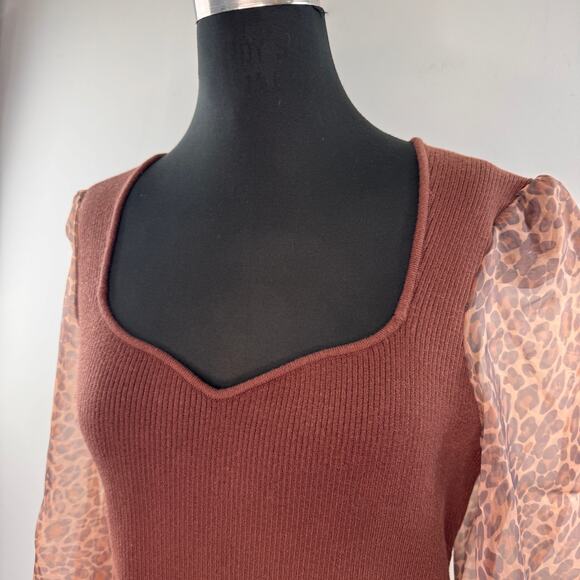 Anthropologie DOLAN Brown Sweater Leopard Sweetheart Sheer Puff Sleeve Large NEW - Picture 2 of 6